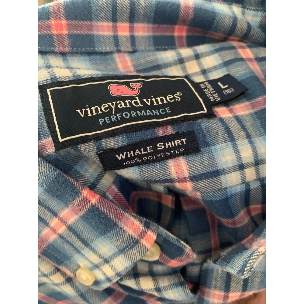 Vineyard Vines Performance Whale Shirt Boys Large 16 Blue Pink Plaid Button Down